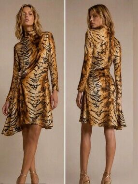 Zara ZW Collection Tiger Animal Print Satin Mock Neck Mini Dress Sz Large